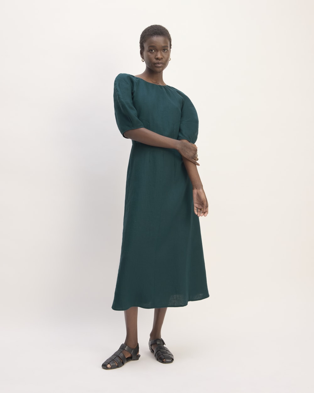 The Linen Short-Sleeve Scoop Midi Dress | Dark Sea