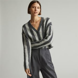 The Alpaca V-Neck Cropped Cardigan | Light Heather Grey / Dark Charcoal