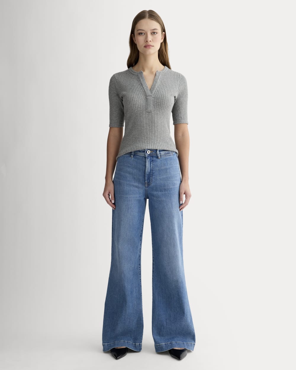 The Rib-Knit Short-Sleeve Henley | Mid Heather Grey - Image 3