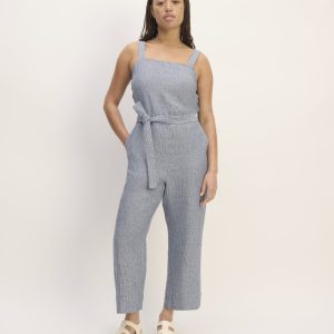 The Linen Side-Button Jumpsuit | White / Blue