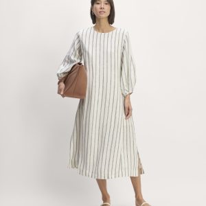 The Linen A-Line Midi Dress | Bone / Navy