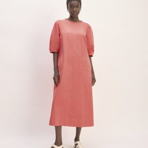 The Short-Sleeve Puff Midi Dress | Coral