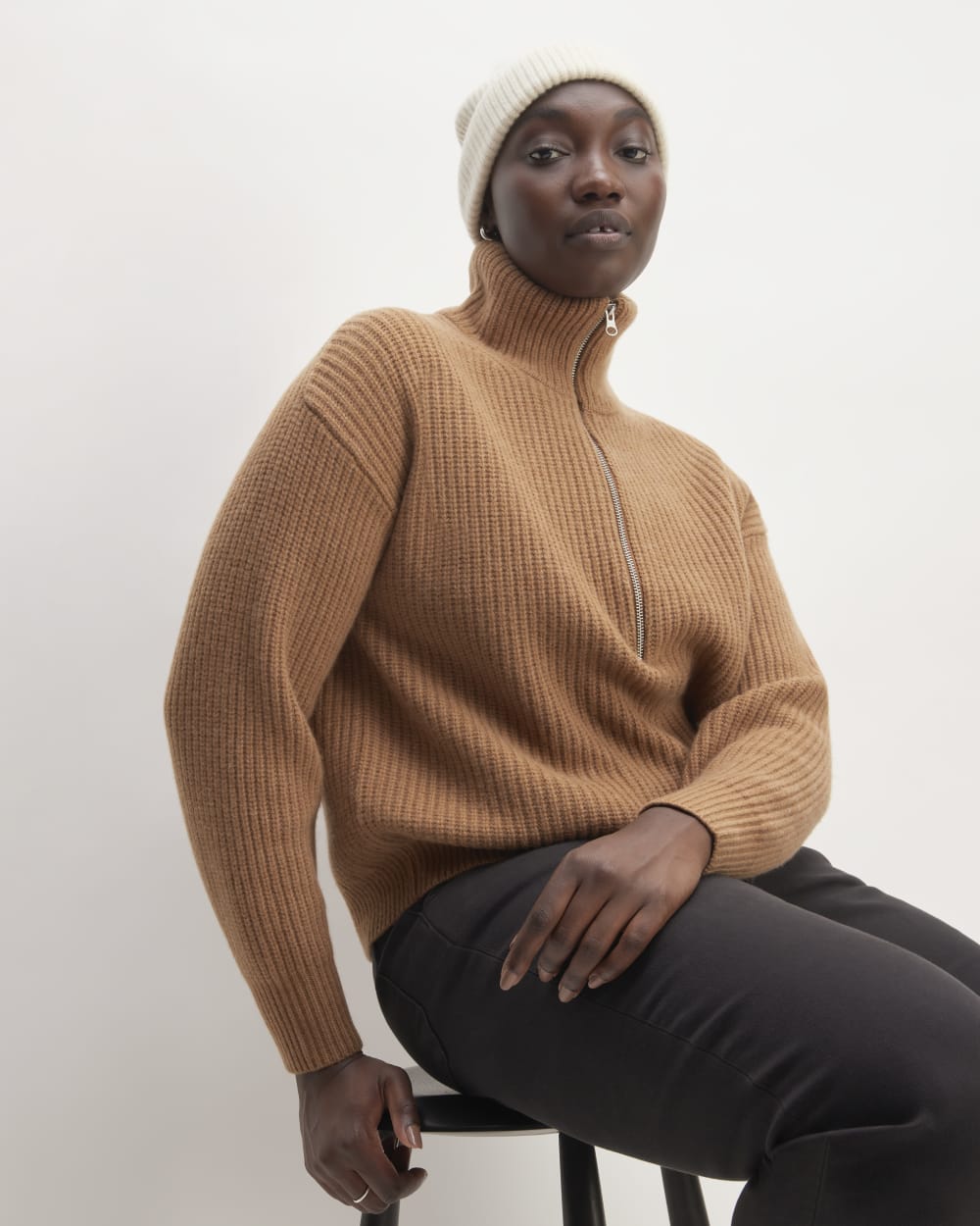 The Cashmere Fine Rib Beanie | Bone - Image 4