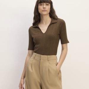 The Rib Soft Knit Open Collar Polo | Cocoa