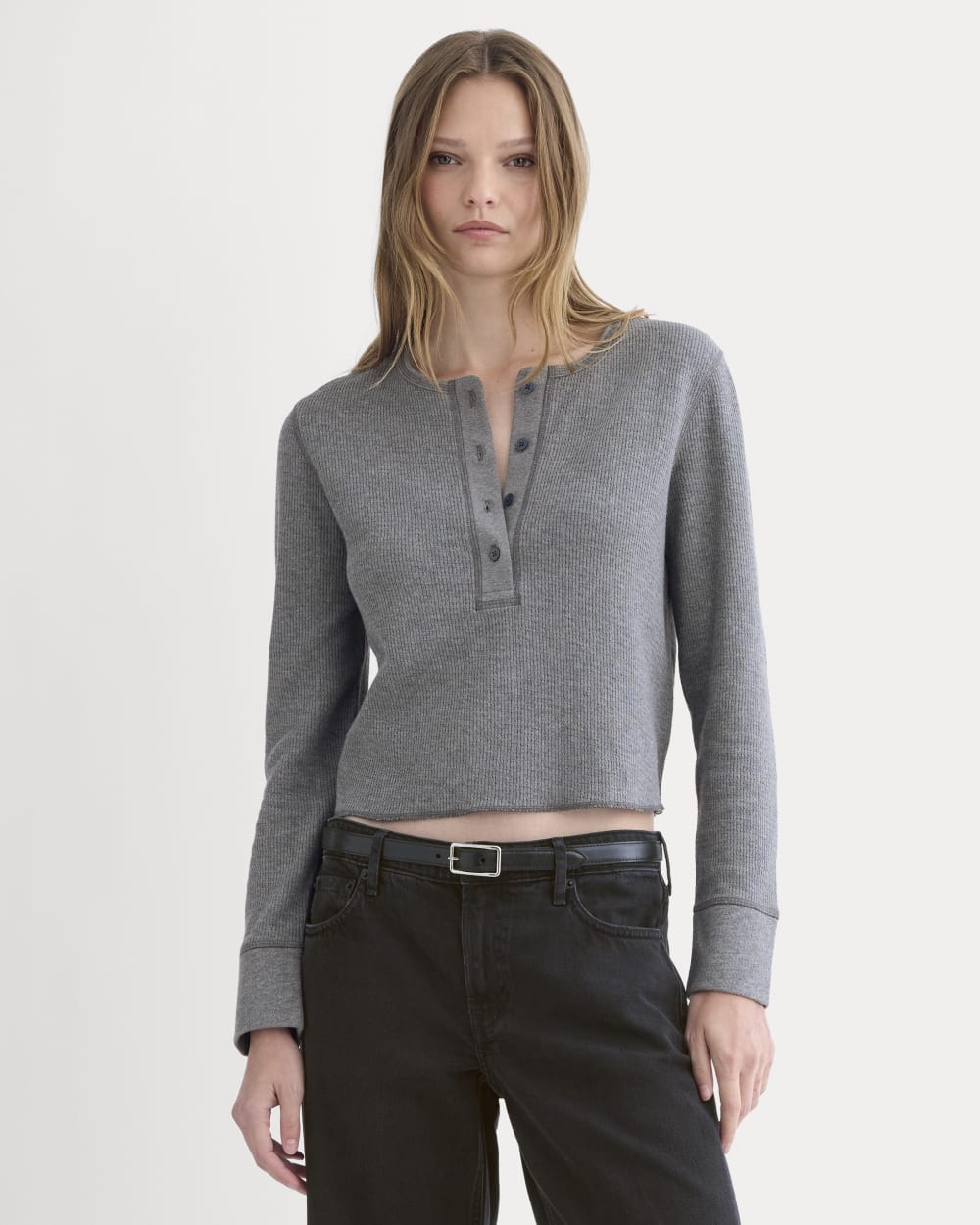 Boxy Henley in Cozy Waffle | Heathered Charcoal