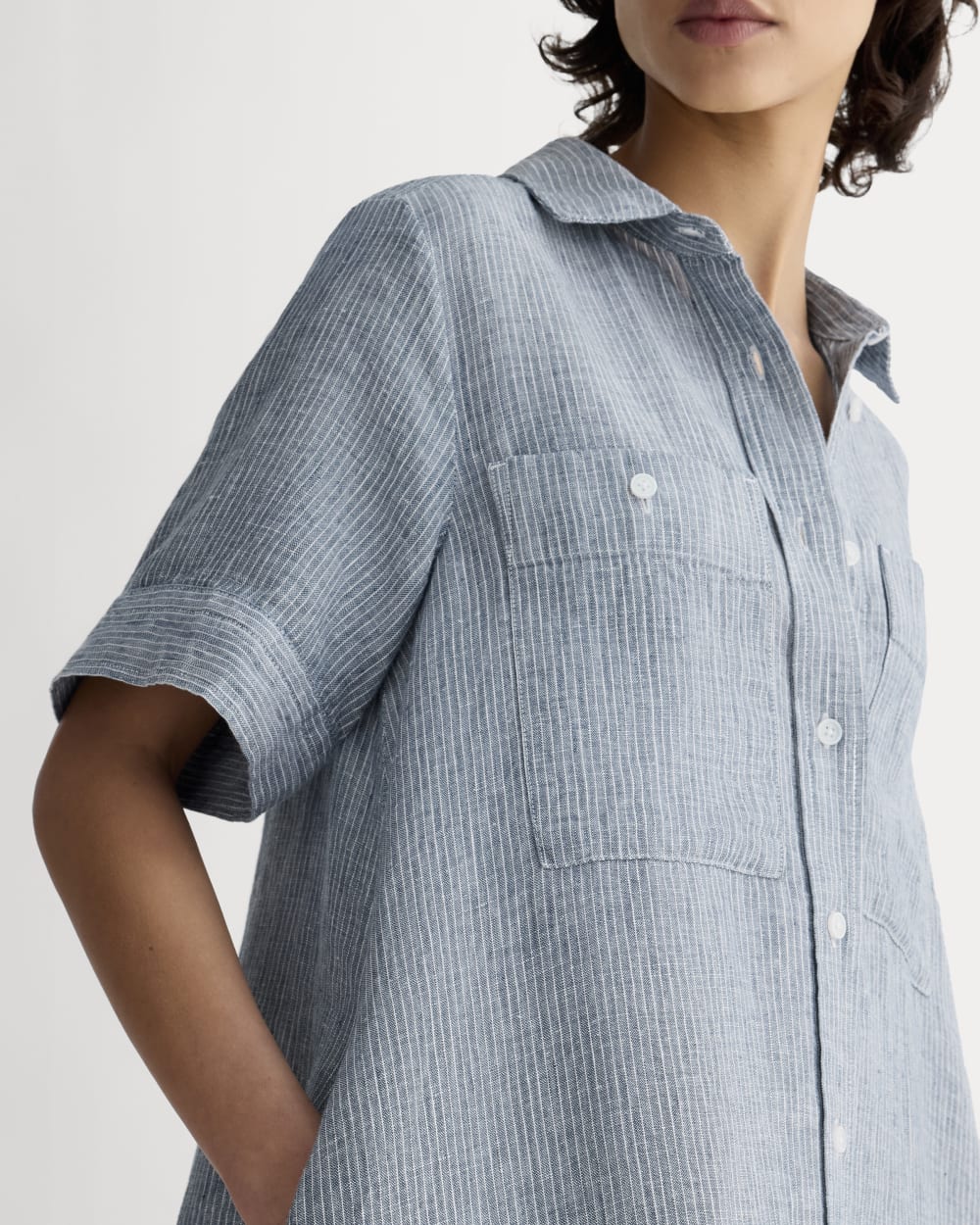 The Daytripper Dress in Linen | White / Blue - Image 4