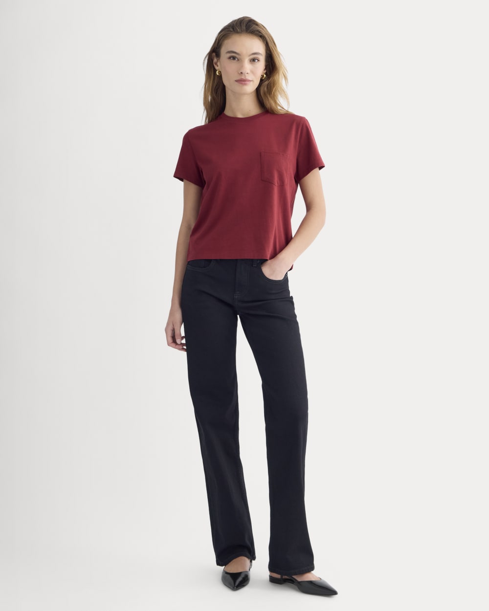 The Box-Cut Tee in Essential Cotton | Merlot | Pocket - Image 3