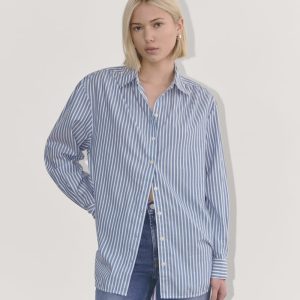 The Gathered Shirt in Silky Cotton | Bone / Mazarine Blue