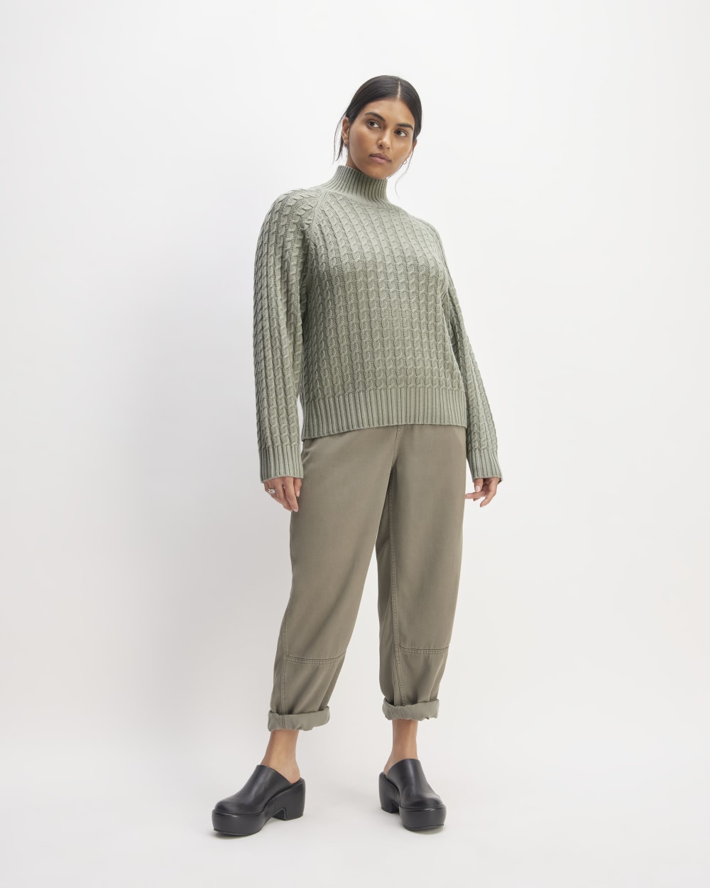 The Cotton Merino Cable Turtleneck | Sage Green - Image 3
