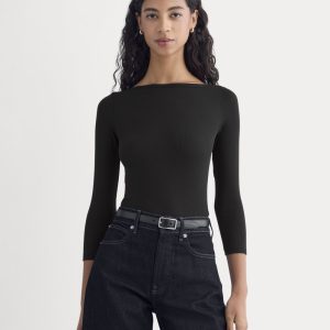 Luxe Rib 3/4 Sleeve Boatneck Tee | Black