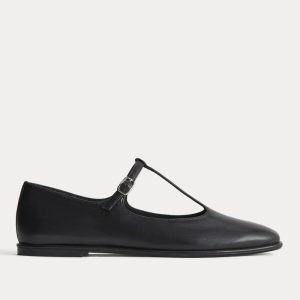 The Leather T-Strap Flat | Black