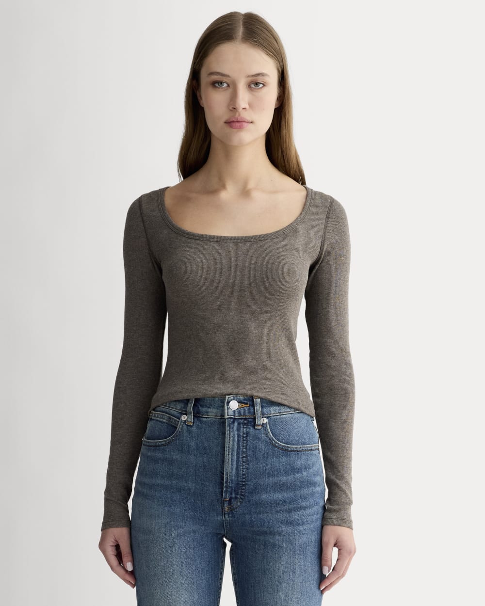 The Luxe Rib Long-Sleeve Scoop-Neck Tee | Heathered Fatigue