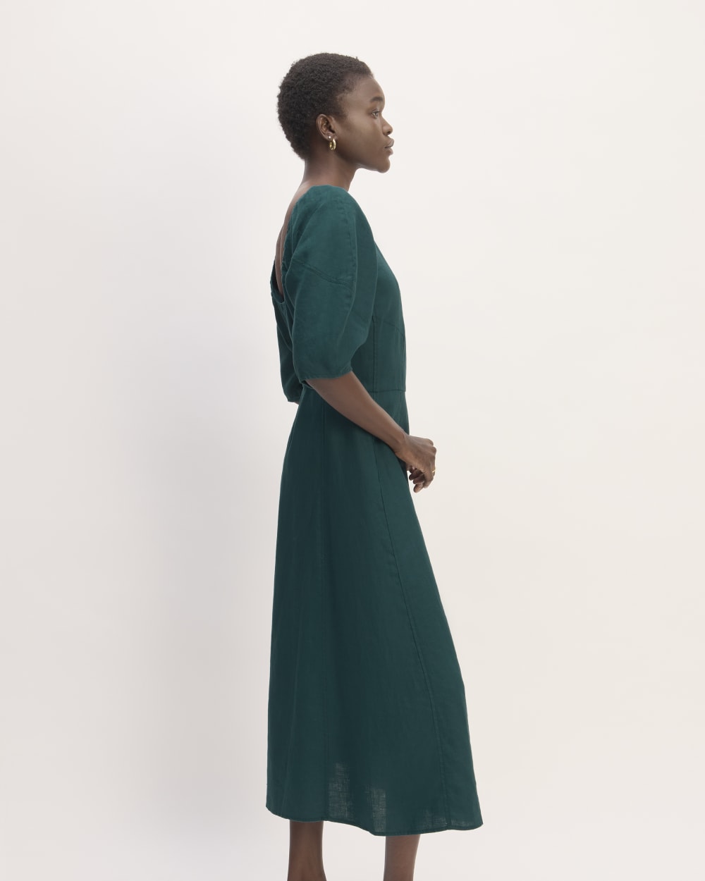 The Linen Short-Sleeve Scoop Midi Dress | Dark Sea - Image 3